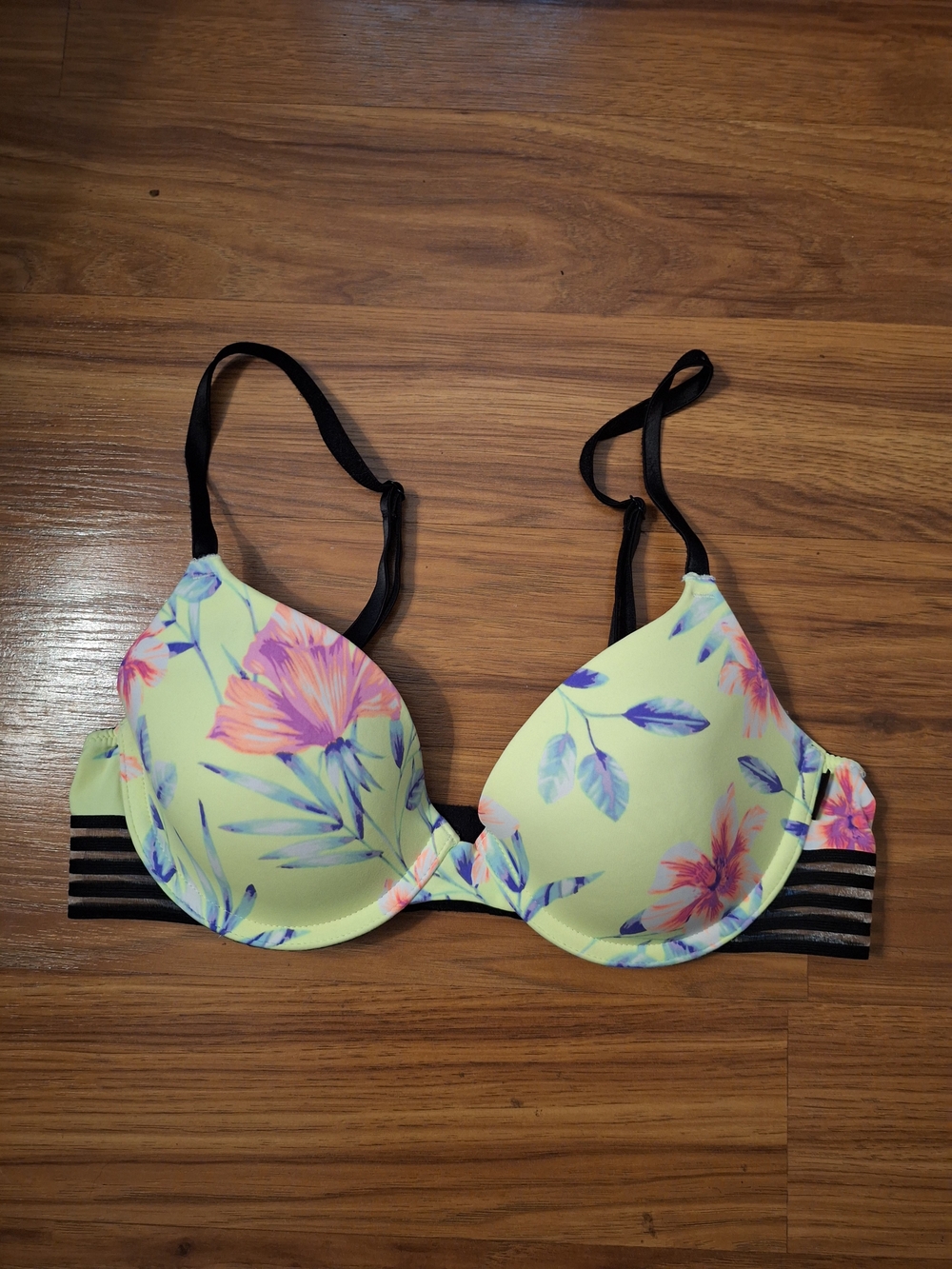 PINK Victoria's Secret Black & Pink Strappy Push-Up Bra with Neon Floral Trim